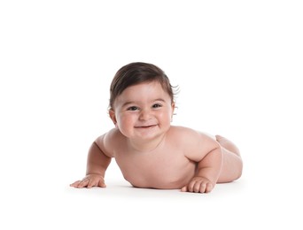 Photo of Cute little baby crawling on white background