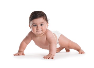 Photo of Cute little baby crawling on white background