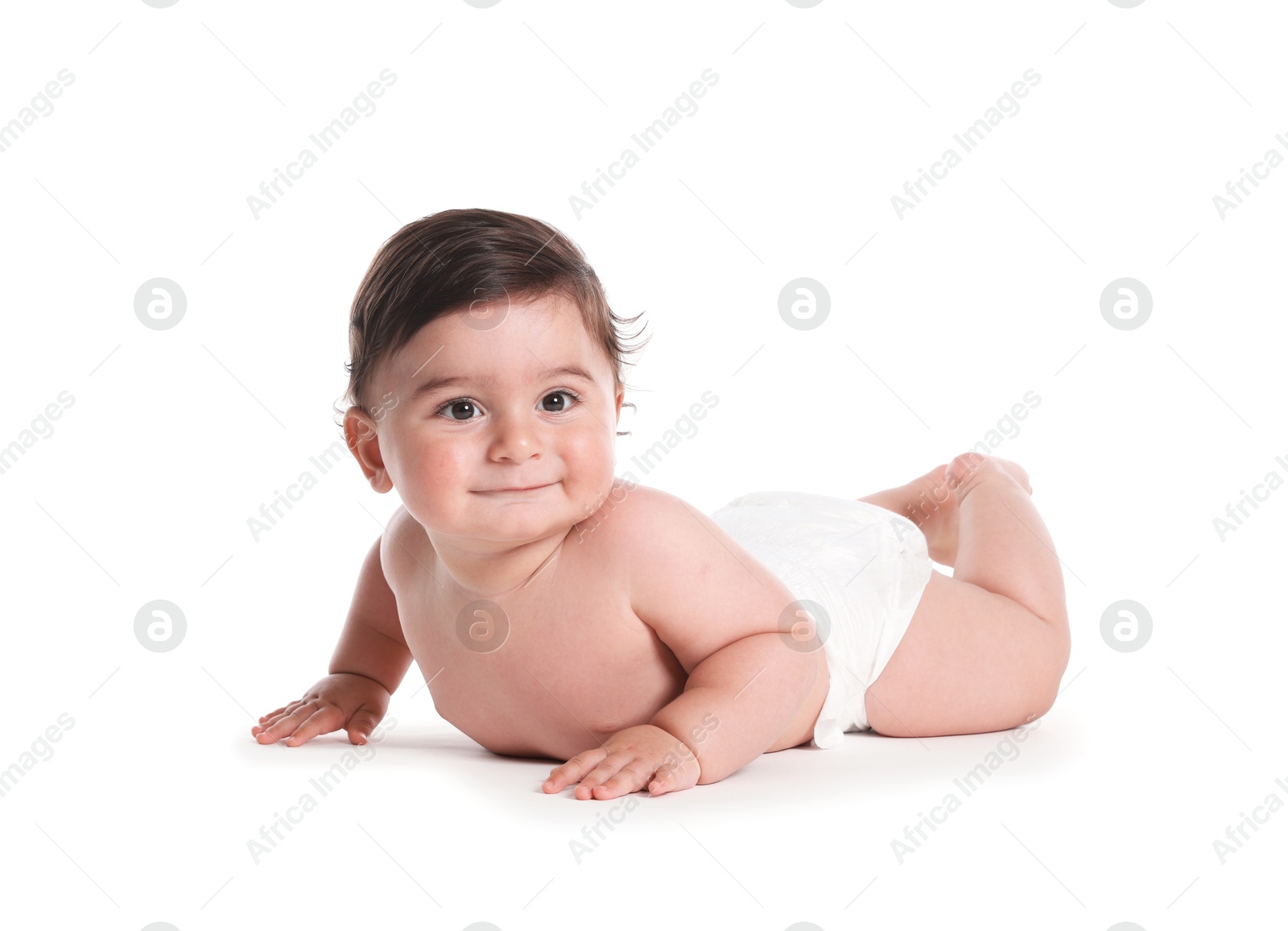 Photo of Cute little baby crawling on white background