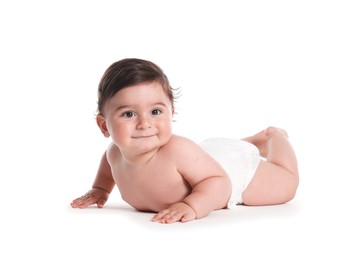 Photo of Cute little baby crawling on white background