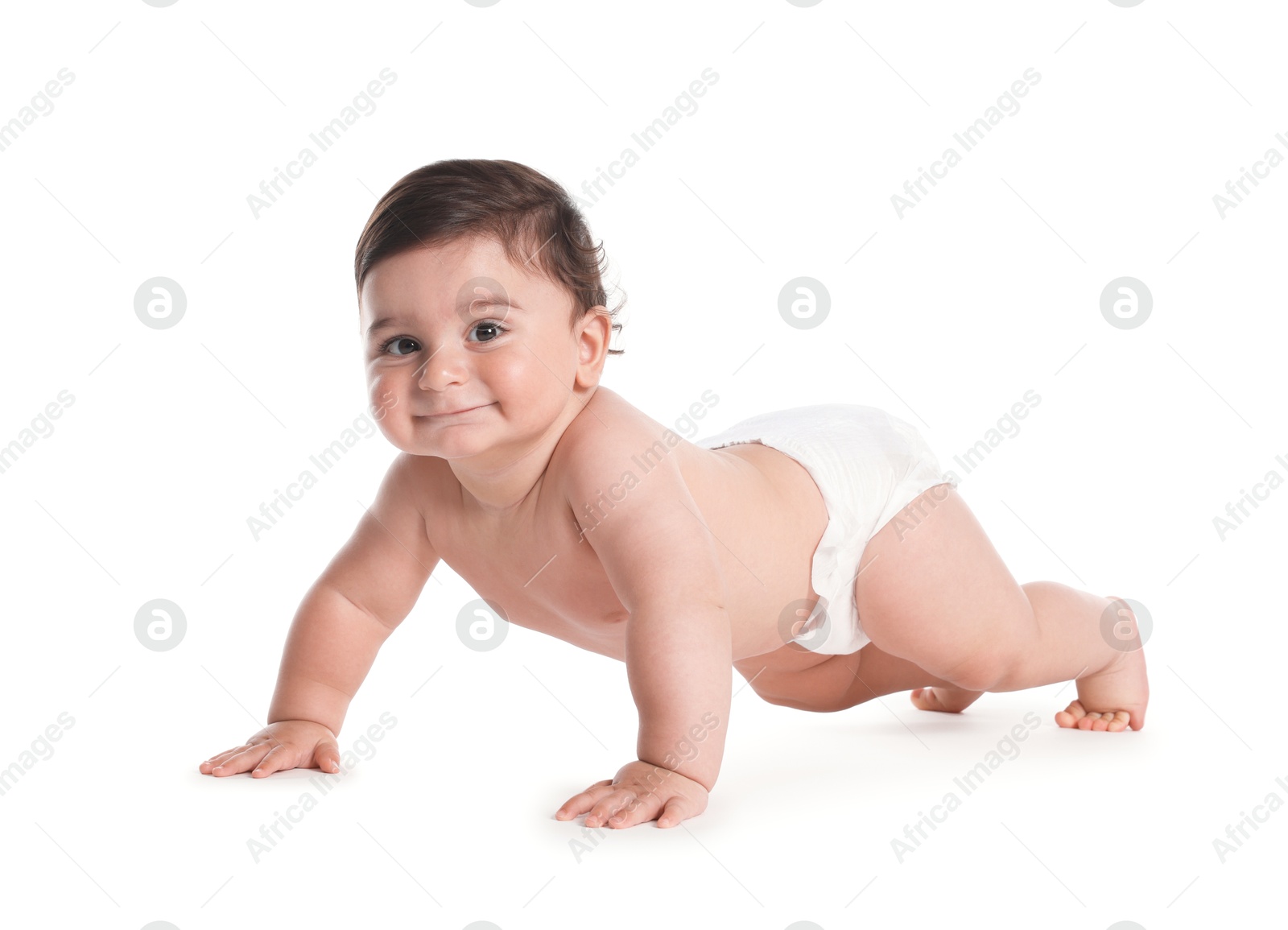 Photo of Cute little baby crawling on white background