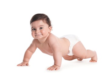 Photo of Cute little baby crawling on white background