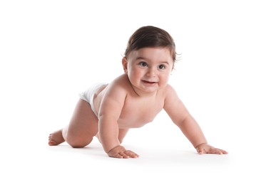 Photo of Cute little baby crawling on white background