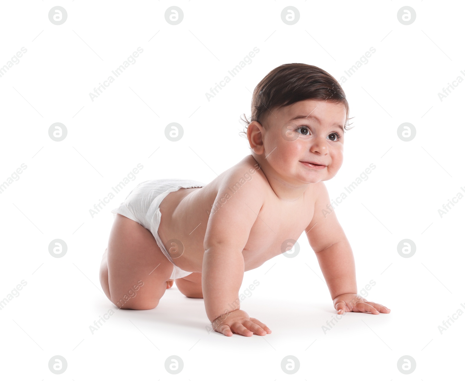 Photo of Cute little baby crawling on white background