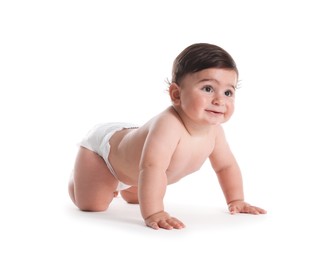 Photo of Cute little baby crawling on white background