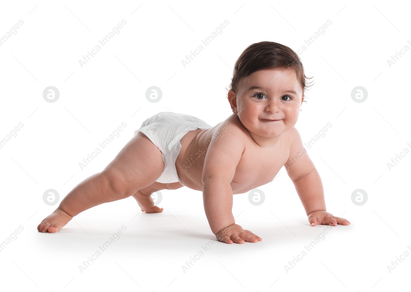 Cute little baby crawling on white background Photo of Cute little baby crawling on white background