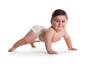 Photo of Cute little baby crawling on white background