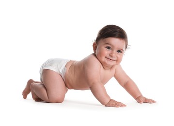 Photo of Cute little baby crawling on white background