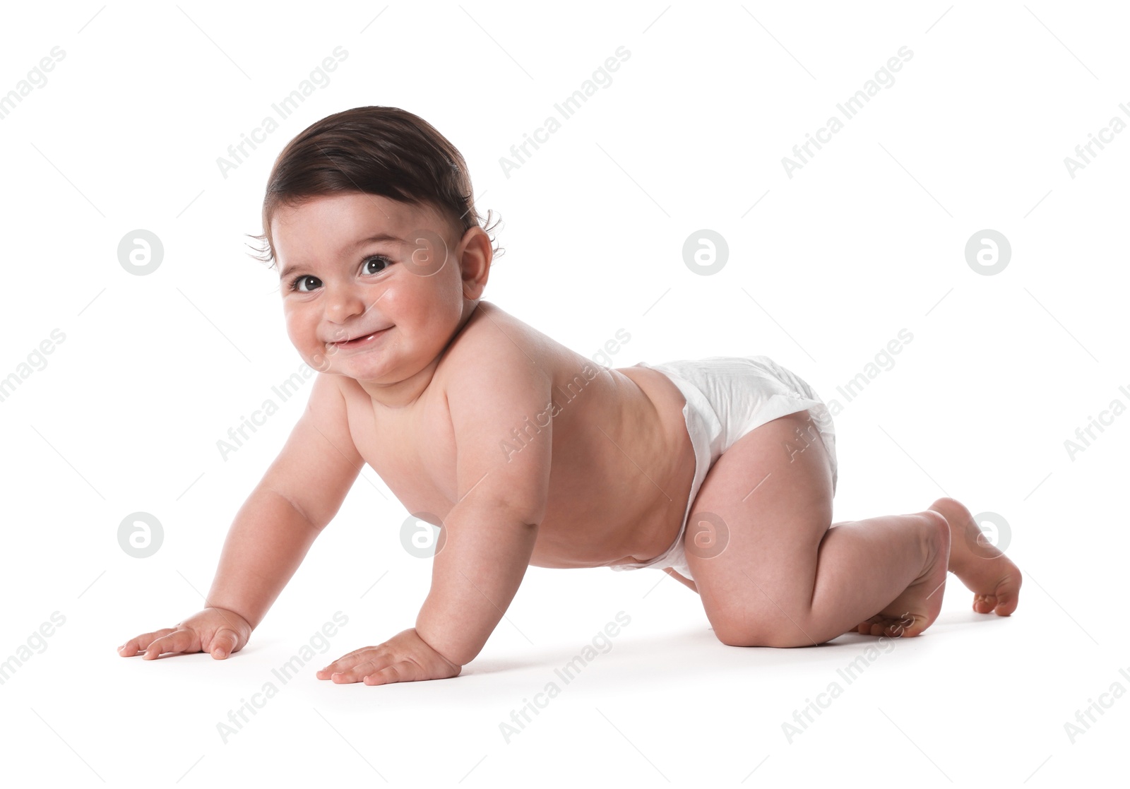 Photo of Cute little baby crawling on white background