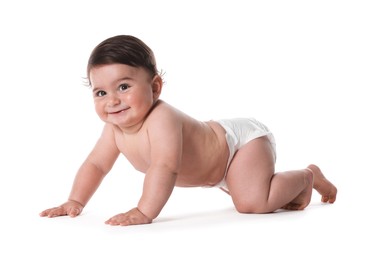 Photo of Cute little baby crawling on white background