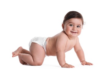 Photo of Cute little baby crawling on white background