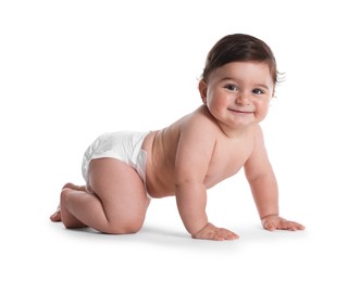 Photo of Cute little baby crawling on white background
