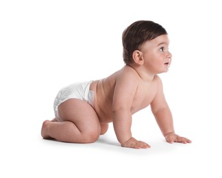 Photo of Cute little baby crawling on white background