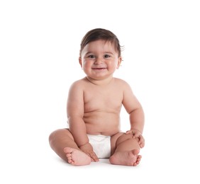 Photo of Cute little baby sitting on white background