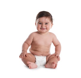 Photo of Cute little baby sitting on white background
