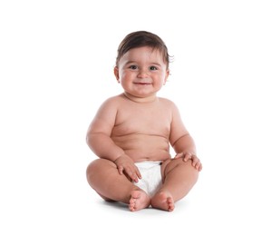 Photo of Cute little baby sitting on white background