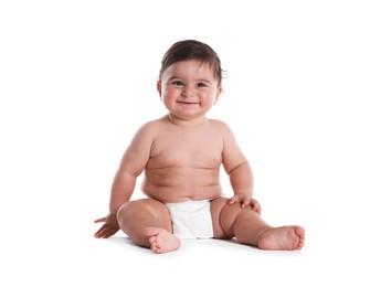 Photo of Cute little baby sitting on white background