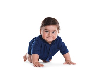 Photo of Cute little baby crawling on white background