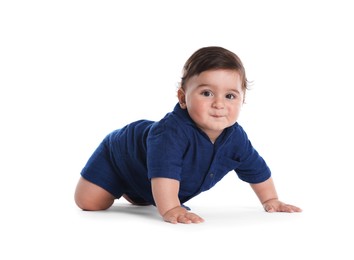 Photo of Cute little baby crawling on white background