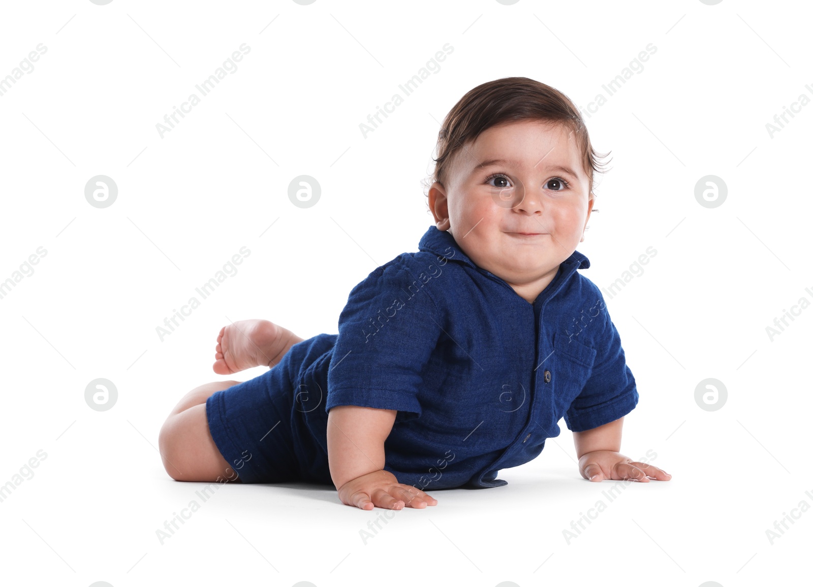 Photo of Cute little baby crawling on white background