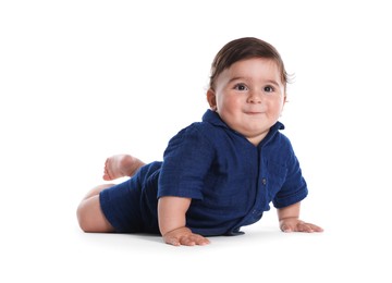 Photo of Cute little baby crawling on white background