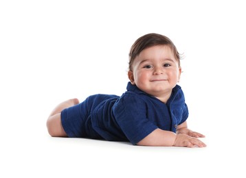 Photo of Cute little baby crawling on white background