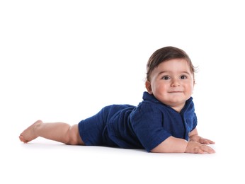 Photo of Cute little baby crawling on white background