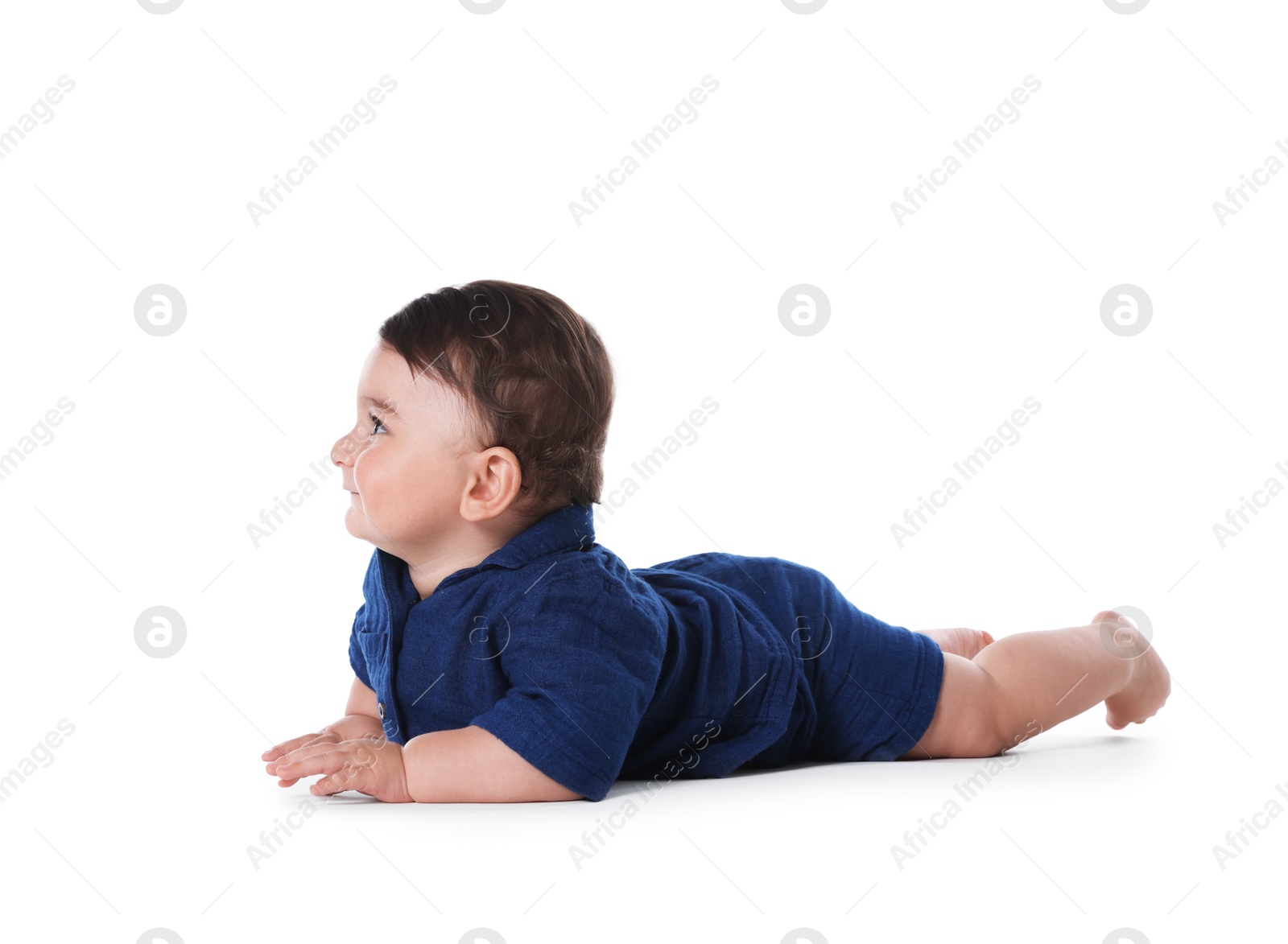 Cute little baby crawling on white background Photo of Cute little baby crawling on white background