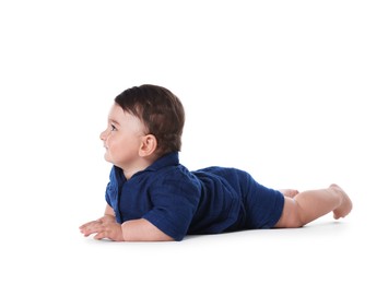 Photo of Cute little baby crawling on white background