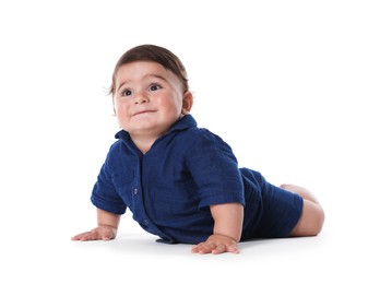 Photo of Cute little baby crawling on white background