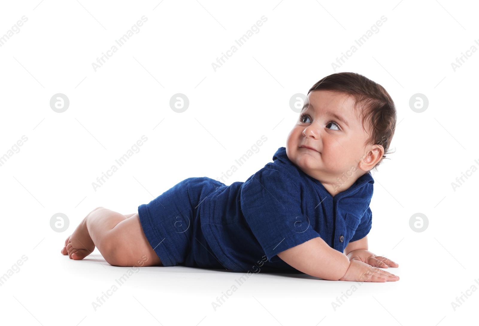 Photo of Cute little baby crawling on white background