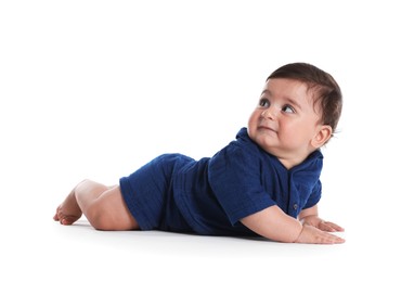Photo of Cute little baby crawling on white background