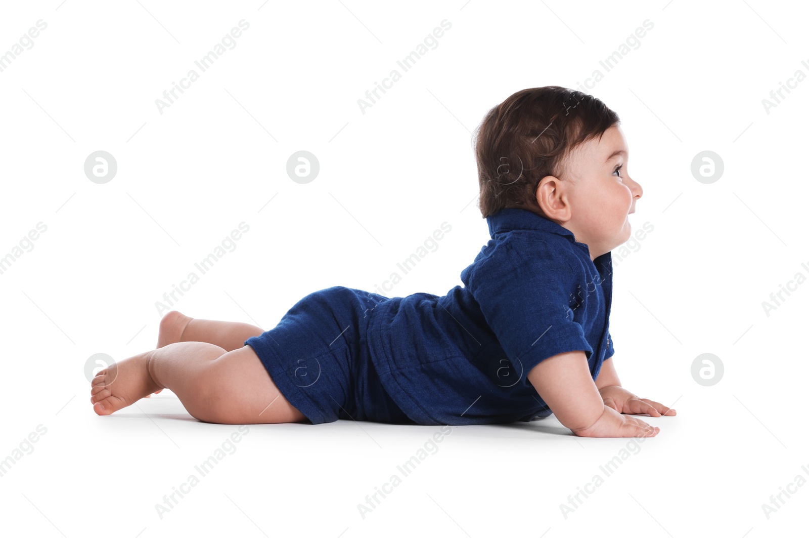 Cute little baby crawling on white background Photo of Cute little baby crawling on white background