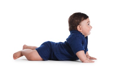 Photo of Cute little baby crawling on white background