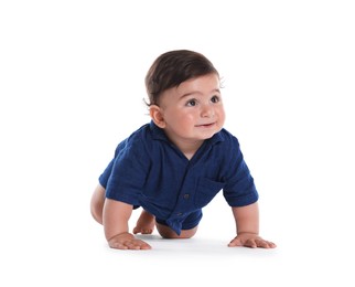 Photo of Cute little baby crawling on white background