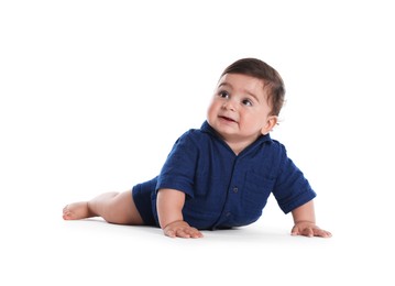 Photo of Cute little baby crawling on white background