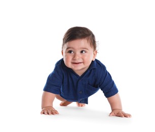 Photo of Cute little baby crawling on white background