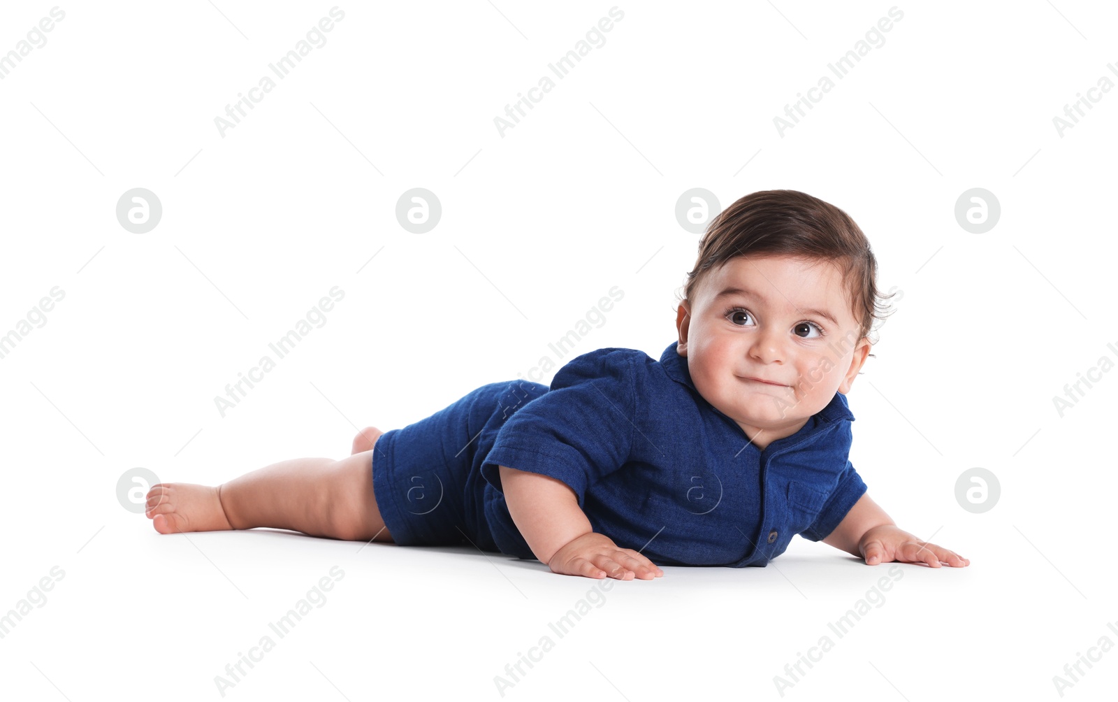 Cute little baby crawling on white background Photo of Cute little baby crawling on white background