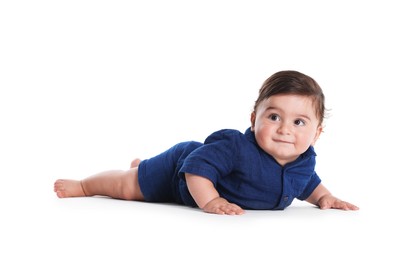 Photo of Cute little baby crawling on white background