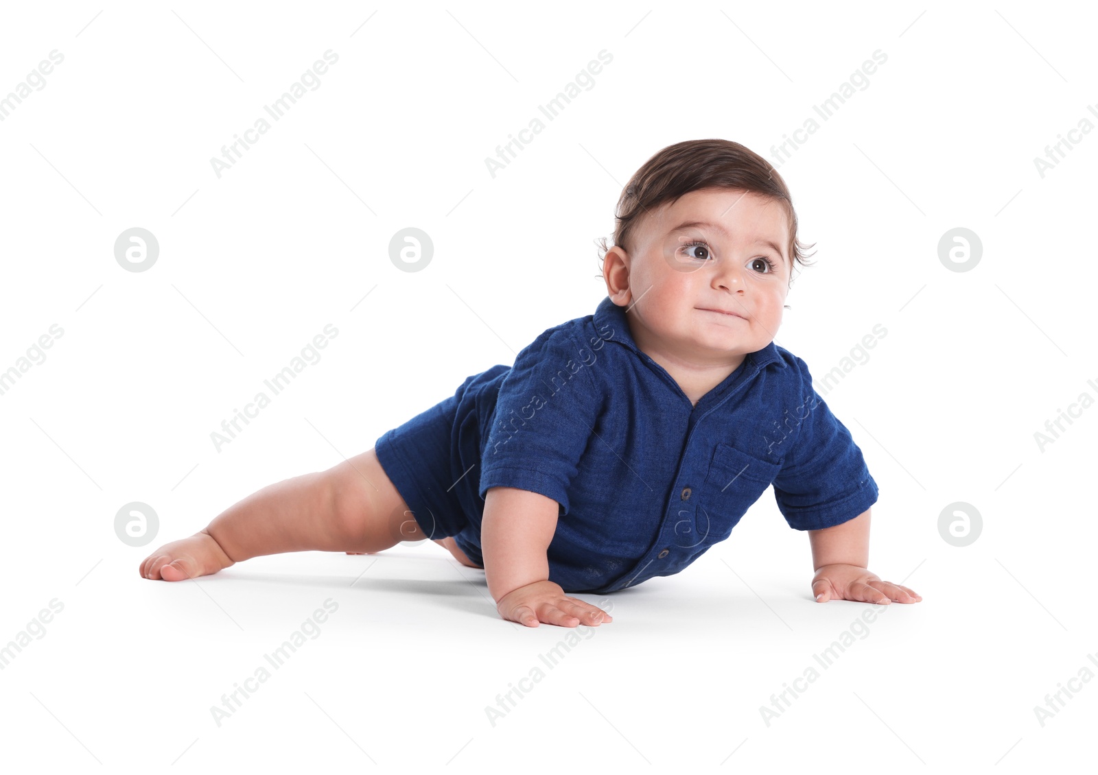 Photo of Cute little baby crawling on white background