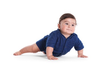 Photo of Cute little baby crawling on white background