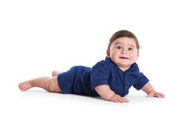Photo of Cute little baby crawling on white background