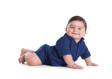 Photo of Cute little baby crawling on white background