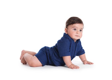 Photo of Cute little baby crawling on white background