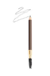 Photo of Eyebrow pencil and strokes isolated on white, top view