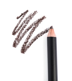 Photo of Eyebrow pencil and strokes isolated on white, top view