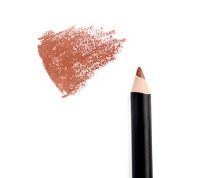 Photo of Eyebrow pencil and strokes isolated on white, top view