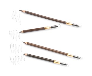 Photo of Eyebrow pencils and strokes isolated on white, top view