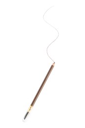 Photo of One eyebrow pencil and strokes isolated on white, top view