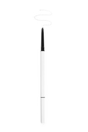 Photo of One eyebrow pencil and strokes isolated on white, top view